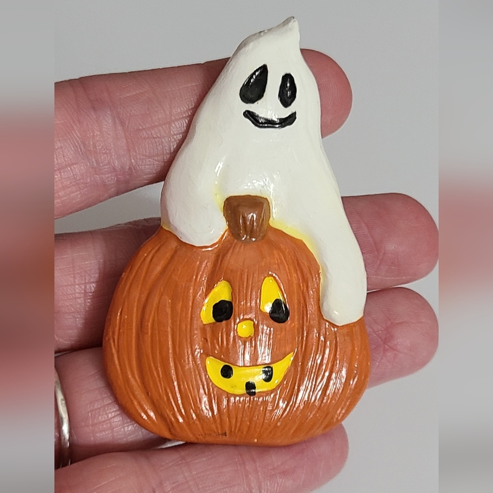 Vintage Halloween pumpkin ghost brooch pin large 80's estate vtg fall